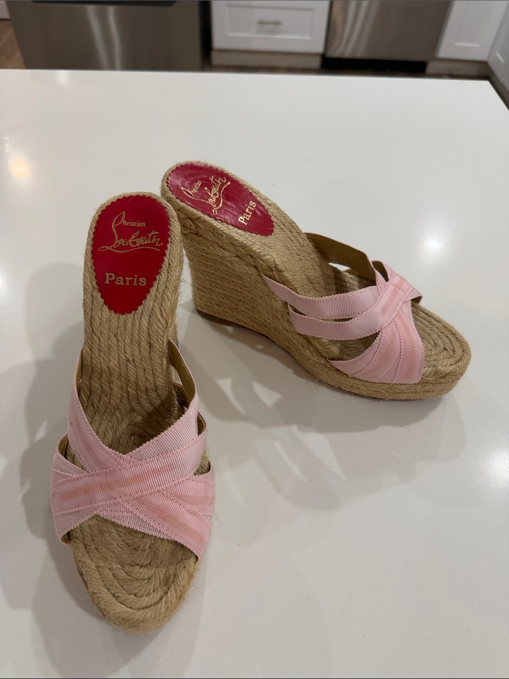 Christian Louboutin Pink Espadrille Wedge Slides with Braided Jute Sole Y2K